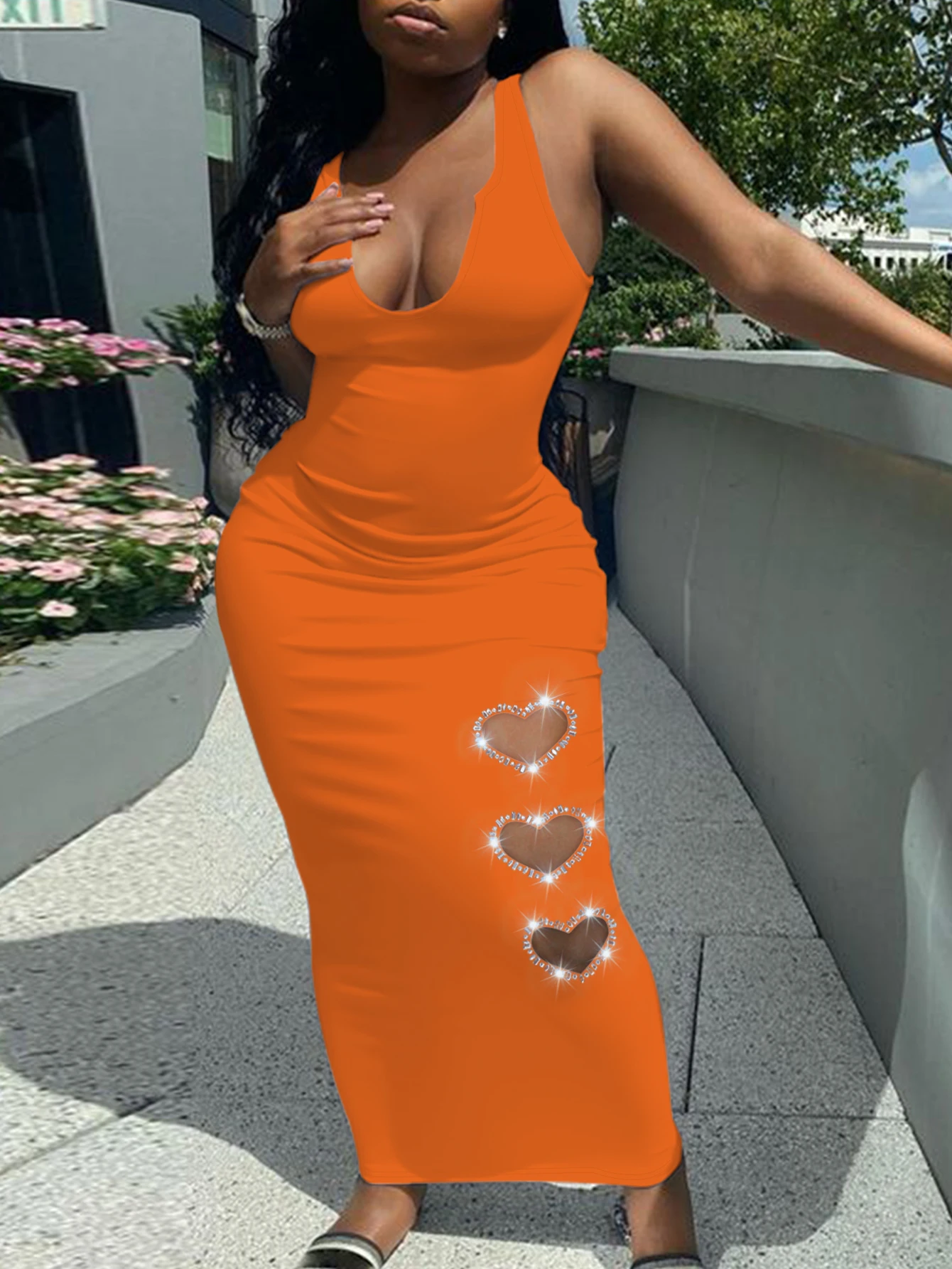 LW Plus Size Heart Decor Bodycon Cami Dress Women Spring Summer Solid Color Sleeveless U Neck Ankle Length Party Dress Vestidos