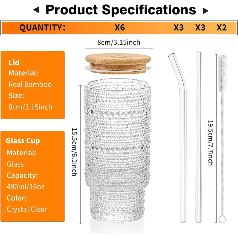 Set of 6 Hobnail Drinking Glasses with Cool Glassware Lid and Straw, 16oz XL Highball Bubble Cocktail, Old Fashioned Beverage