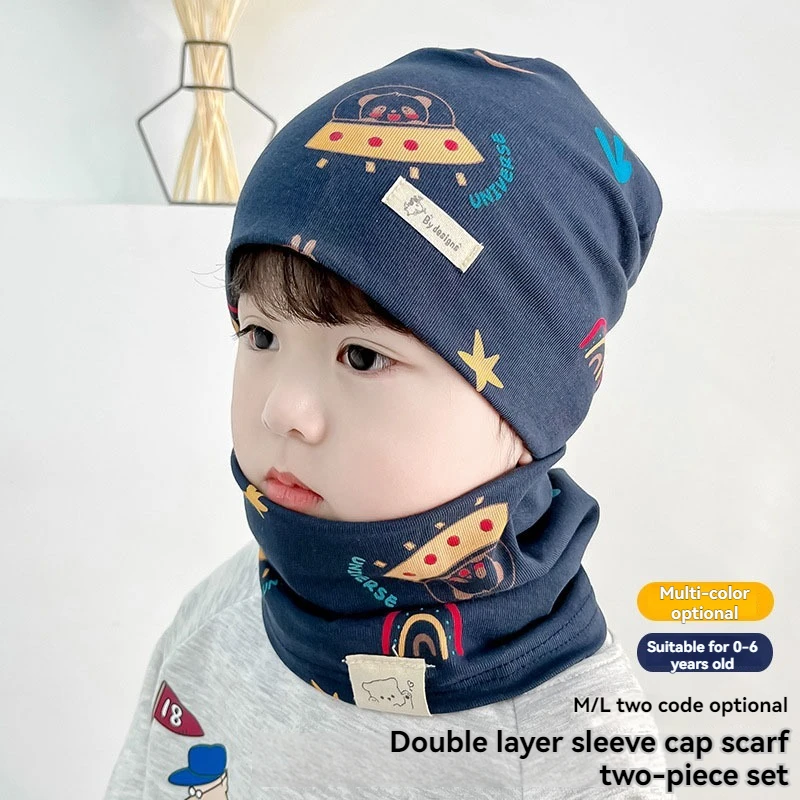 New Good Cotton Baby Hat Scarf Panda Spacecraft Autumn Winter Hat for Boys Warm Children Beanies Baby Neck Scarf Kids Skull Cap