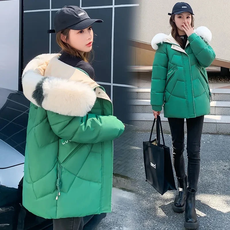 

Parkas Women Winter 2022 New Korean Loose Fashion Casual Padded Coat Women Fur Collar Hooded Thick Long Down Cotton Jacket