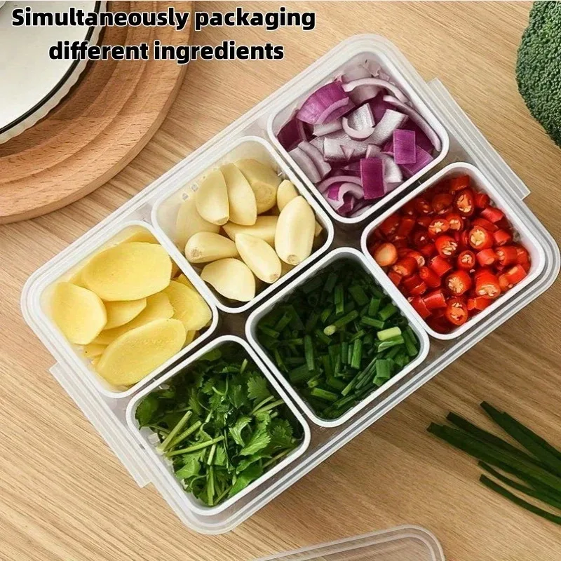 Caja de almacenamiento 6 en 1 para cebolletas, jengibre y ajo, diseñada para uso en refrigerador, contenedor de conservación de cebollino de calidad alimentaria, 1 ud.