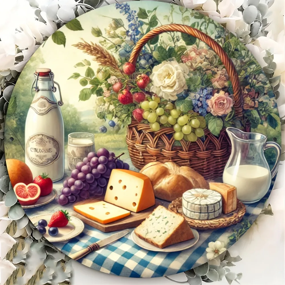 Rustic Food-Themed Decorative Wall Plate - 8x8 Inch Round Aluminum Art with Cheese, Bread & Grapes, Ideal for Kitchen Decor
