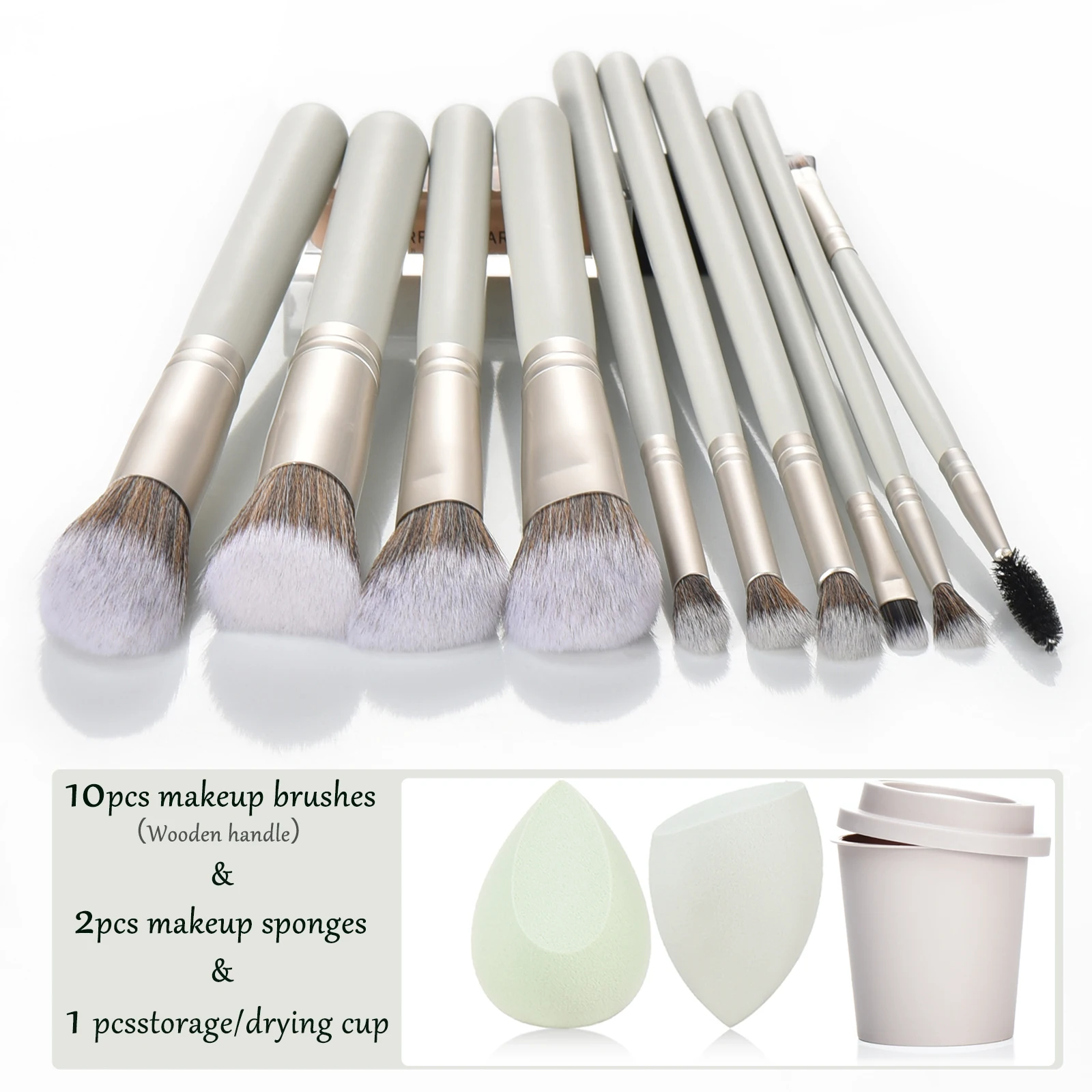 木製ハンドル付きメイクアップブラシセット,合成ベースブラシ,アイシャドウブラシ,メイクアップスポンジ,パウダーパフツール,品質,10個