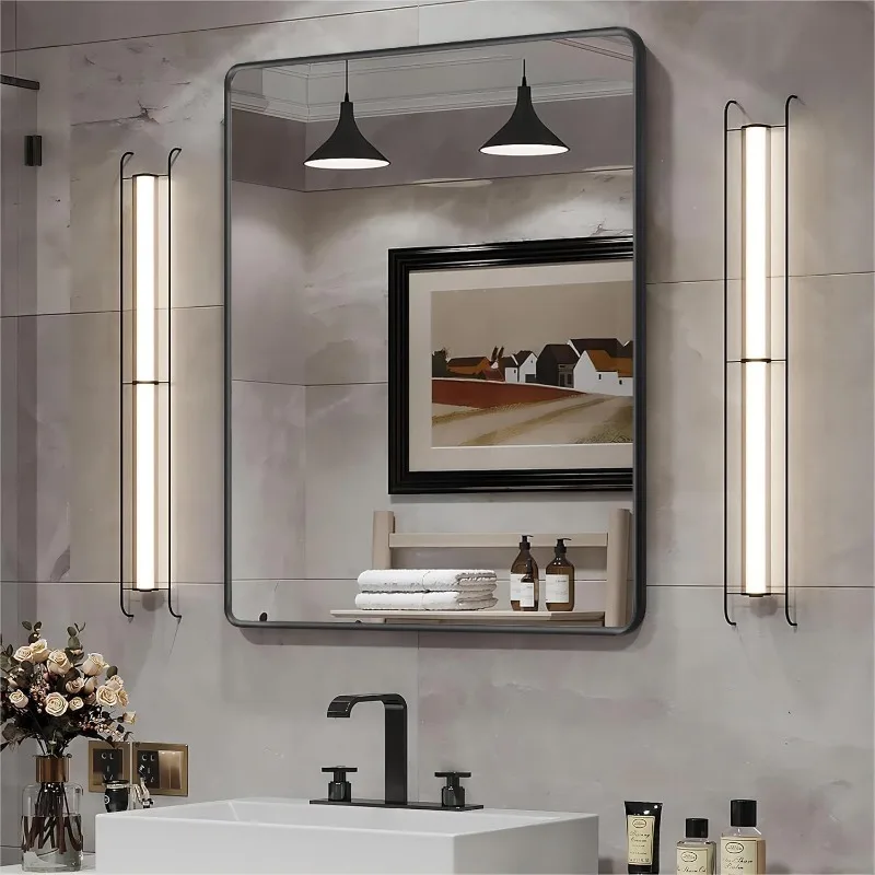 Black Framed Mirrors for Bathroom,30 x 36 Inch Rounded Conner Rectangle Mirror for Wall, Matte Black Vanity Mirror with Tempered