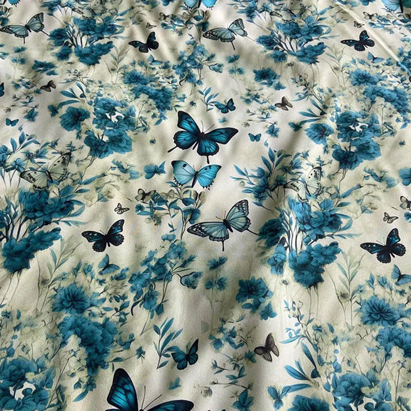 Blue Floral and Butterflies Printed Thin Silk Crepe de Chine Fabric for Summer Dress Pants Silk Tissue for DIY Sewing C001-5