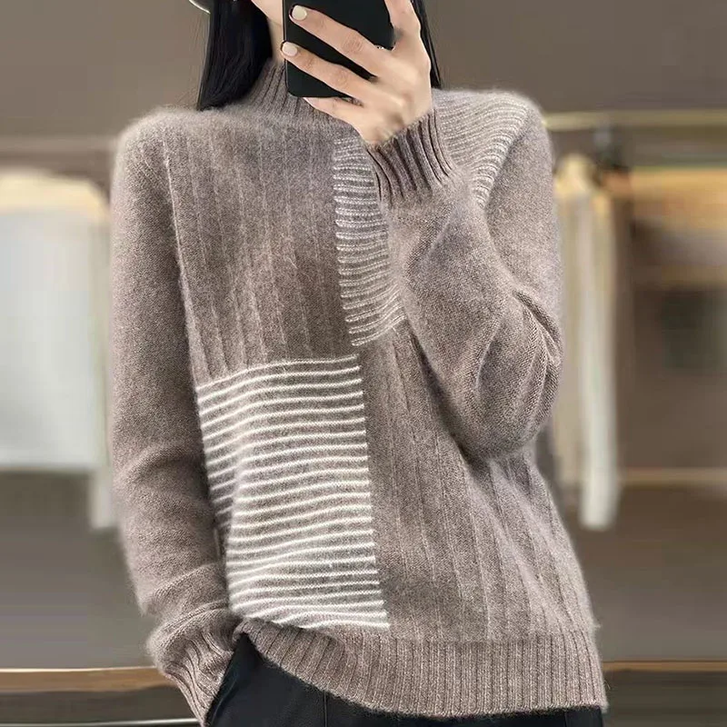 

Winter Women Striped Thick Knit Sweater Patchwork Color Fashion Elegant Casual Sweater Lady Half High Collar Pullover Sweater