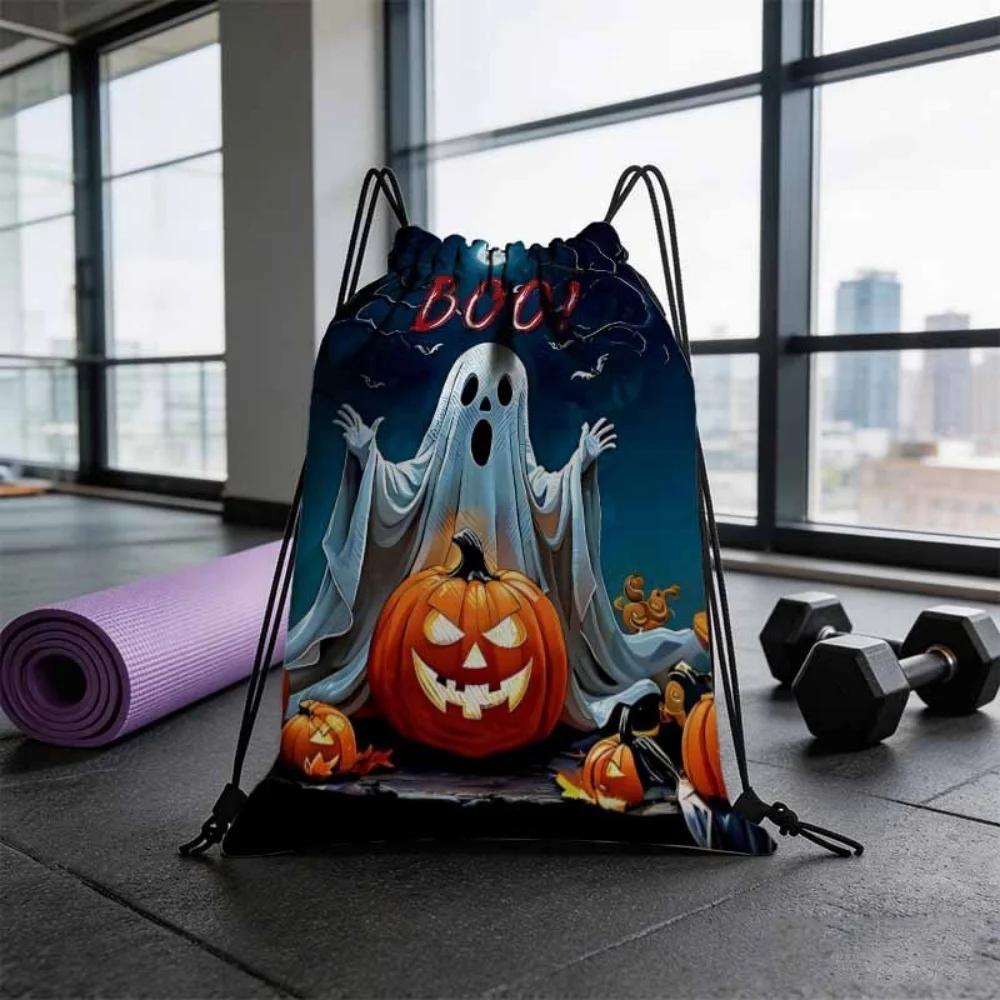 1Pc Custom Text Halloween Pumpkin Drawstring Backpack, Portable Drawstring Bag, Suitable for Gym, Travel, Sports, Holiday Gift