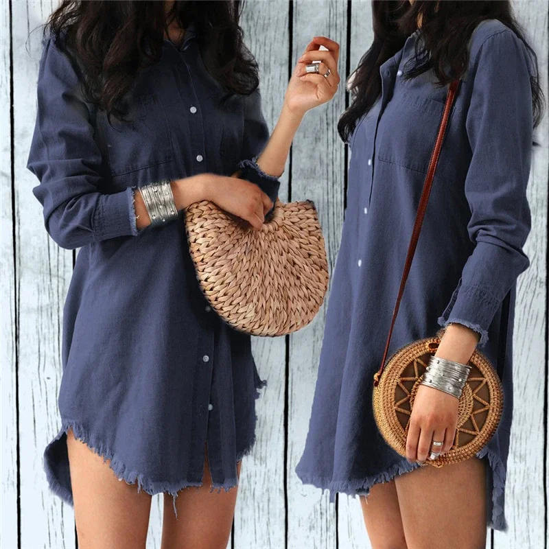 Female Fashion Ladies Abone Knee Mini Dress Women Dress Sleeve Denim Shirt Casual Turn-down Collar Tops Shirt Dress