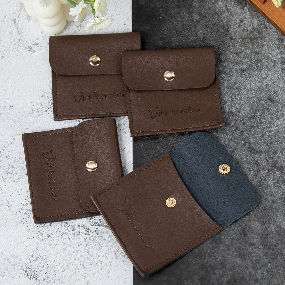 

Custom Logo 50Pack 4x4'' Coffee PU Snap Bag Travel Earrings Rings Packging Organizer Bags Leather Button Jewelry Storage Pouches