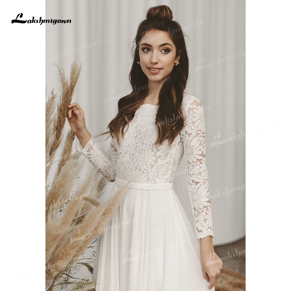 2025 Boho O-Collo In Pizzo Maniche Lunghe Sexy Aperto Indietro Chiffon Una Linea Abito Da Sposa Semplici Abiti Da Sposa Sweep Abiti Da Sposa Robe