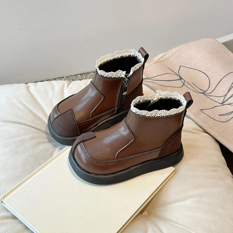 

Girls Autumn Winter Chelseaboots Girls Korean Version Short Cotton Boots Princess Leather Booties Children Lace Side Zippers