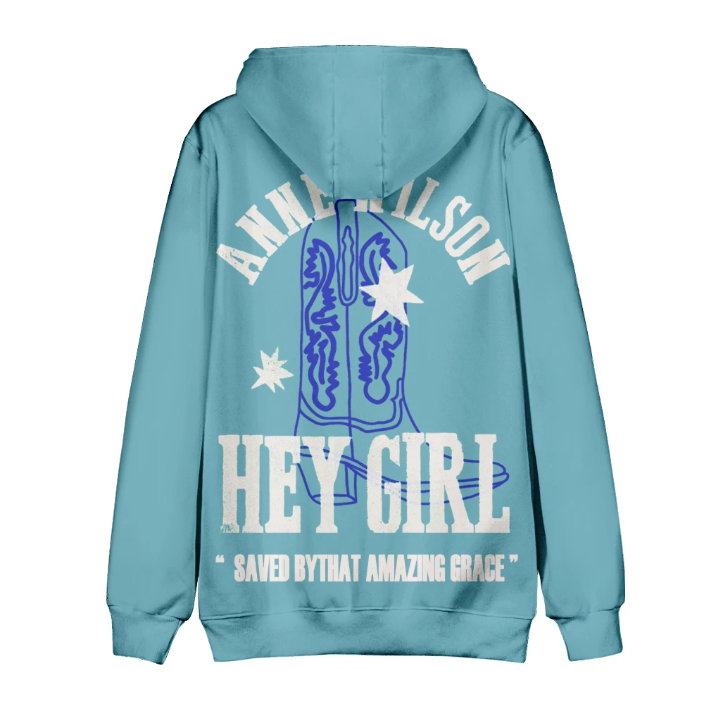 Anne Wilson Hey Hoodie biru Heather Boot anak perempuan lengan panjang Streetwear Sweatshirt Wanita Pria pakaian Fashion gaya kasual