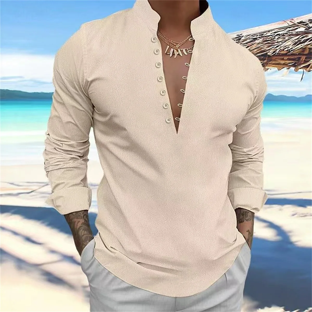 Spring and Autumn New Men\'s Daily Leisure Retro Cotton and Linen Chinese Button Design Loose Stand Collar Long Sleeve Shirt