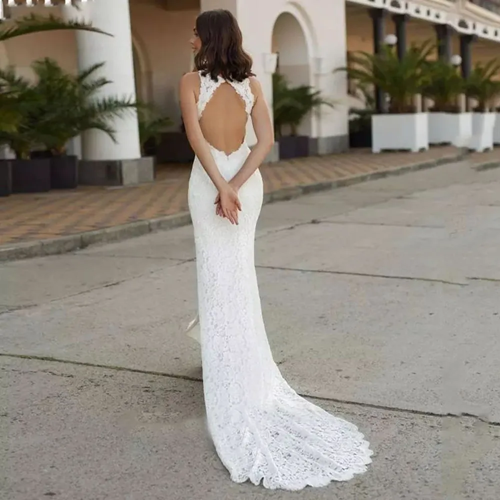 Modern Halter Floral Print Wedding Dress Lace Appliques Sleeveless Sheath Bridal Gown 2024 Split Sweep Train Vestido De Novia