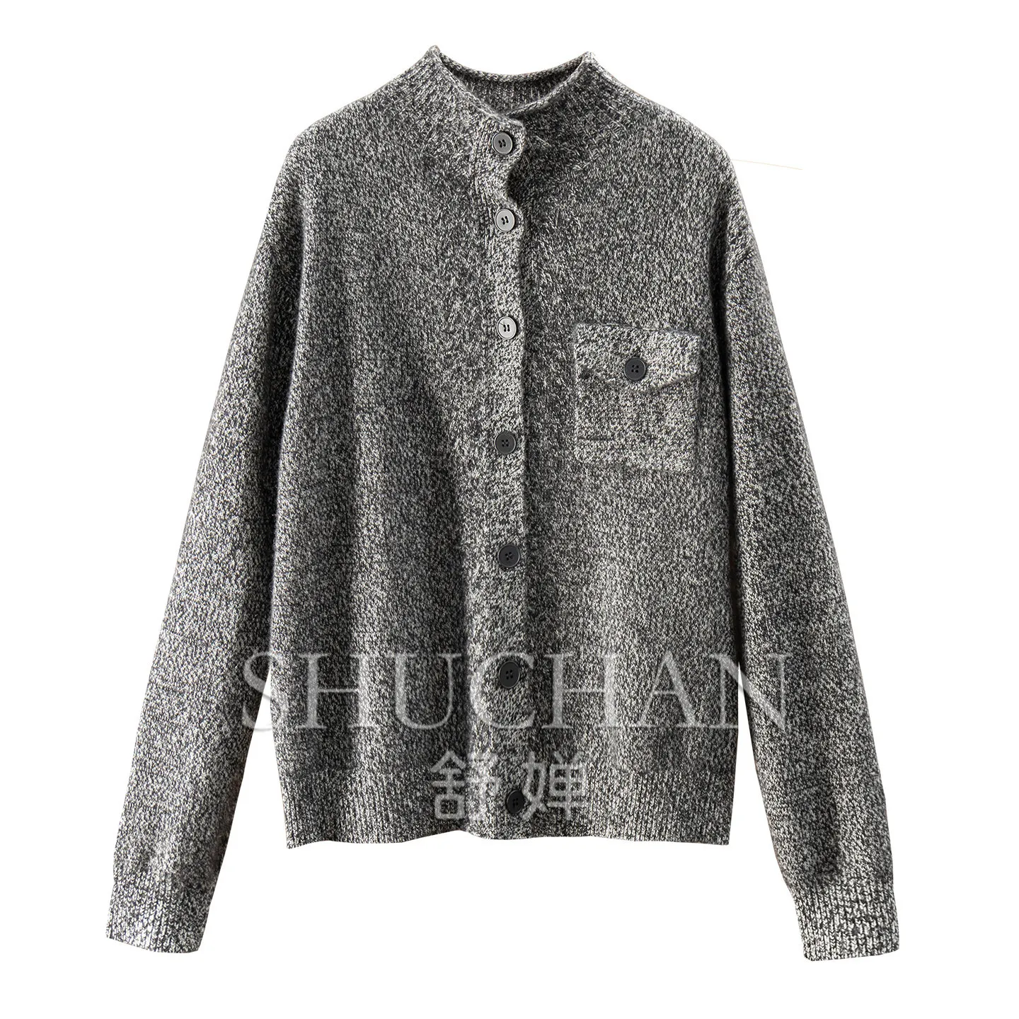 Loose French 330g Flower Yarn Gray Stand-up Collar 100% Cashmere Long-sleeved Sweater Cardigan Women's 22X1