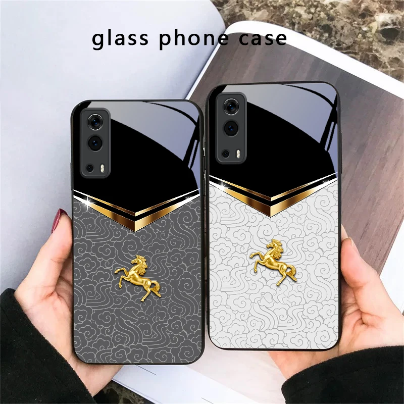 Dark Night Golden Horse For vivo Y100 Y33s Y03 Y36 Y35 Y52 Y72 Y55 Y16 Y76 Y75 Y72 5G iQOO 12 Z9 Turbo Black Glass Phone Case view 4