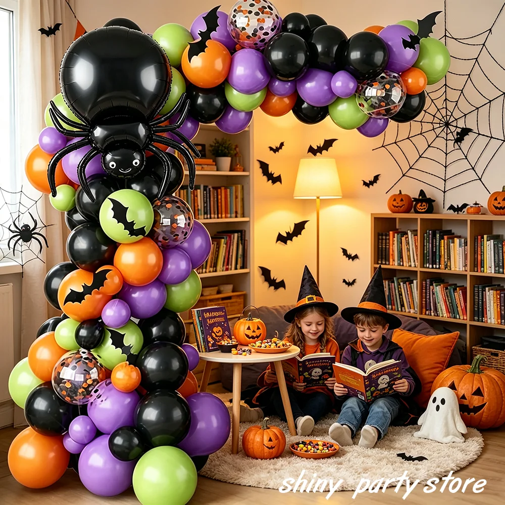 Kit de Guirnalda de Globos de Halloween de 125 Piezas, Arco de Globos Negros, Morados, Naranjas y Verdes, Adhesivos 3D de Araña y Murciélago para Decoración de Fiestas de Halloween en el Hogar