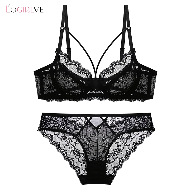 Logirlve Bra and Panty Sets Ultrathin Brassiere Sexy Underwear Set Transparent Bras Plus Size Women Lace Lingerie Set Embroidery