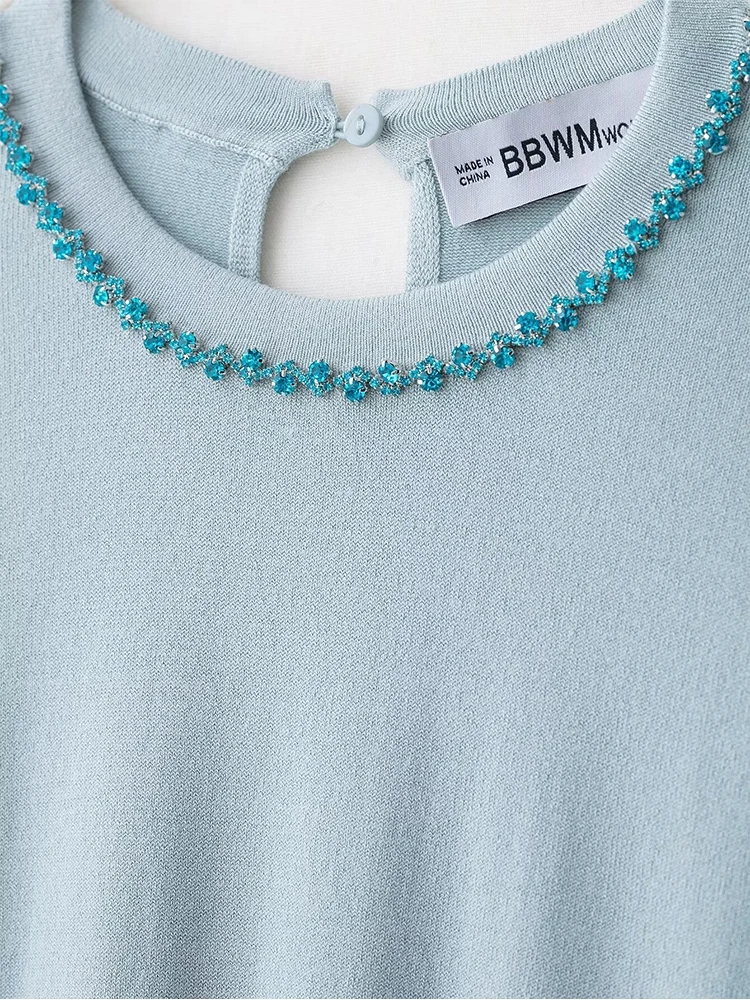 유럽 스타일 신상 여성 패션 다용도 기품 있는 단색 라운드넥 긴팔 쥬얼리 스웨터