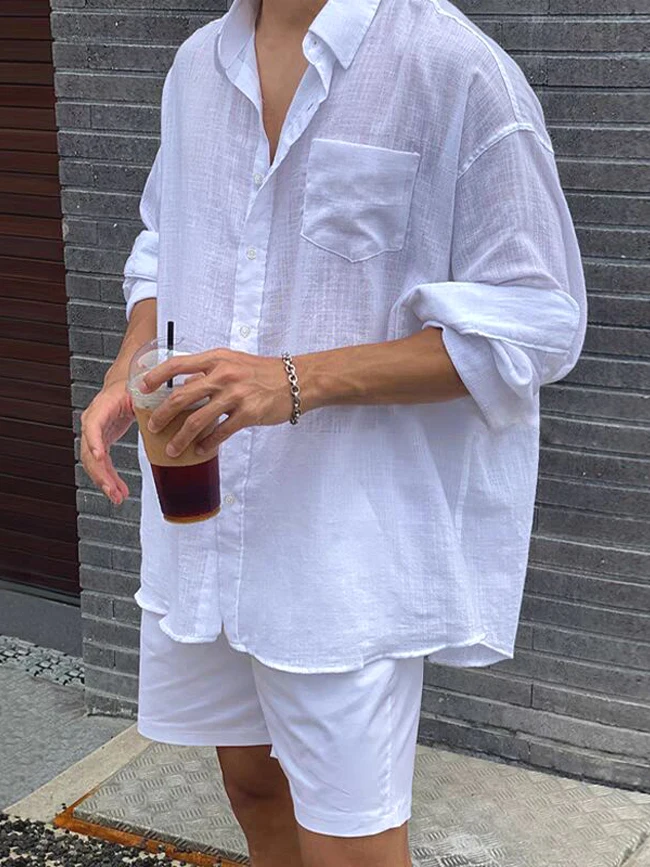 

Linen Cotton Long Sve irt Set Men's Trendy Thin Breathable Sun Protection Open Cardigan Linen Work ort Pants Two Piece...