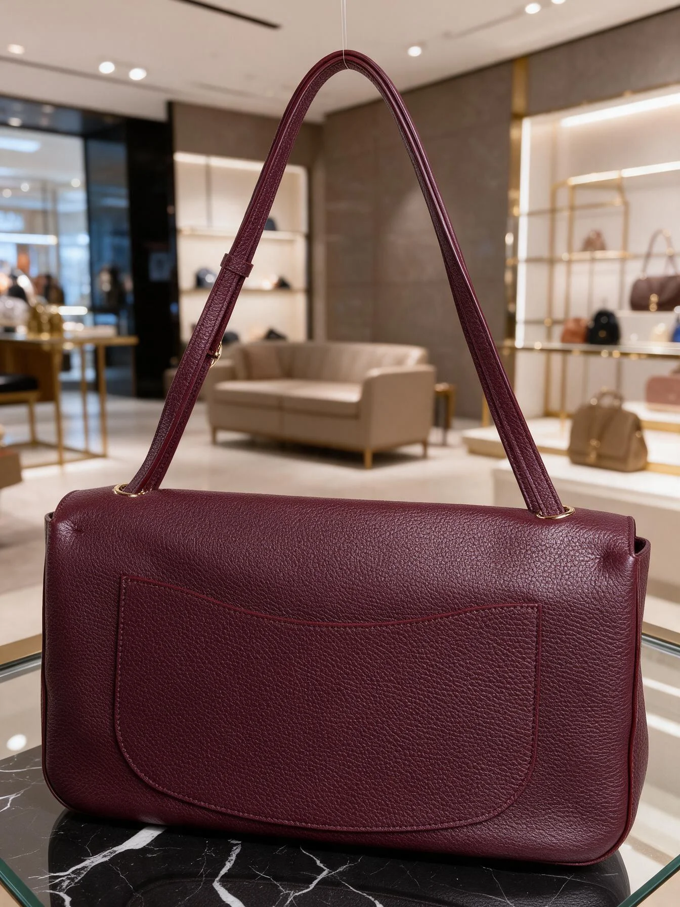 Women Luxury Style Cowhide Shoulder Bag Wine Red Pebbled Leather Flap Handbag Adjustable Strap Large Capacity Daily Commute Crossbody Bag