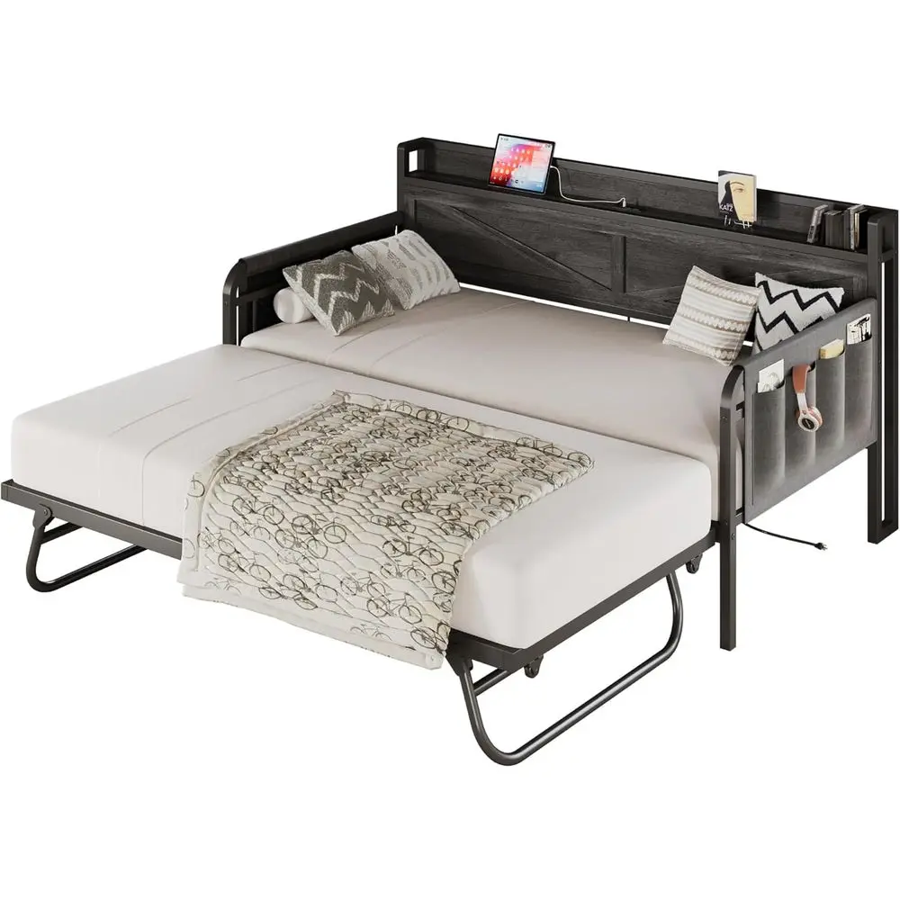LIKIMIO Twin Daybed with Trundle Bed, Storage board with Charging Station, Soa Day Bed with Strong Supports or Living Room, Bedr