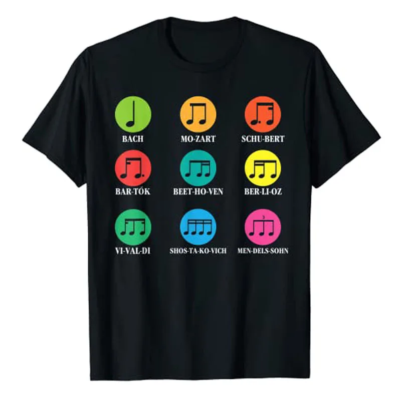 T-shirt classique avec notes de musique de compositeurs classiques, vêtements esthétiques pour femmes et hommes, t-shirt graphique pour amoureux de la musique, tenues punk