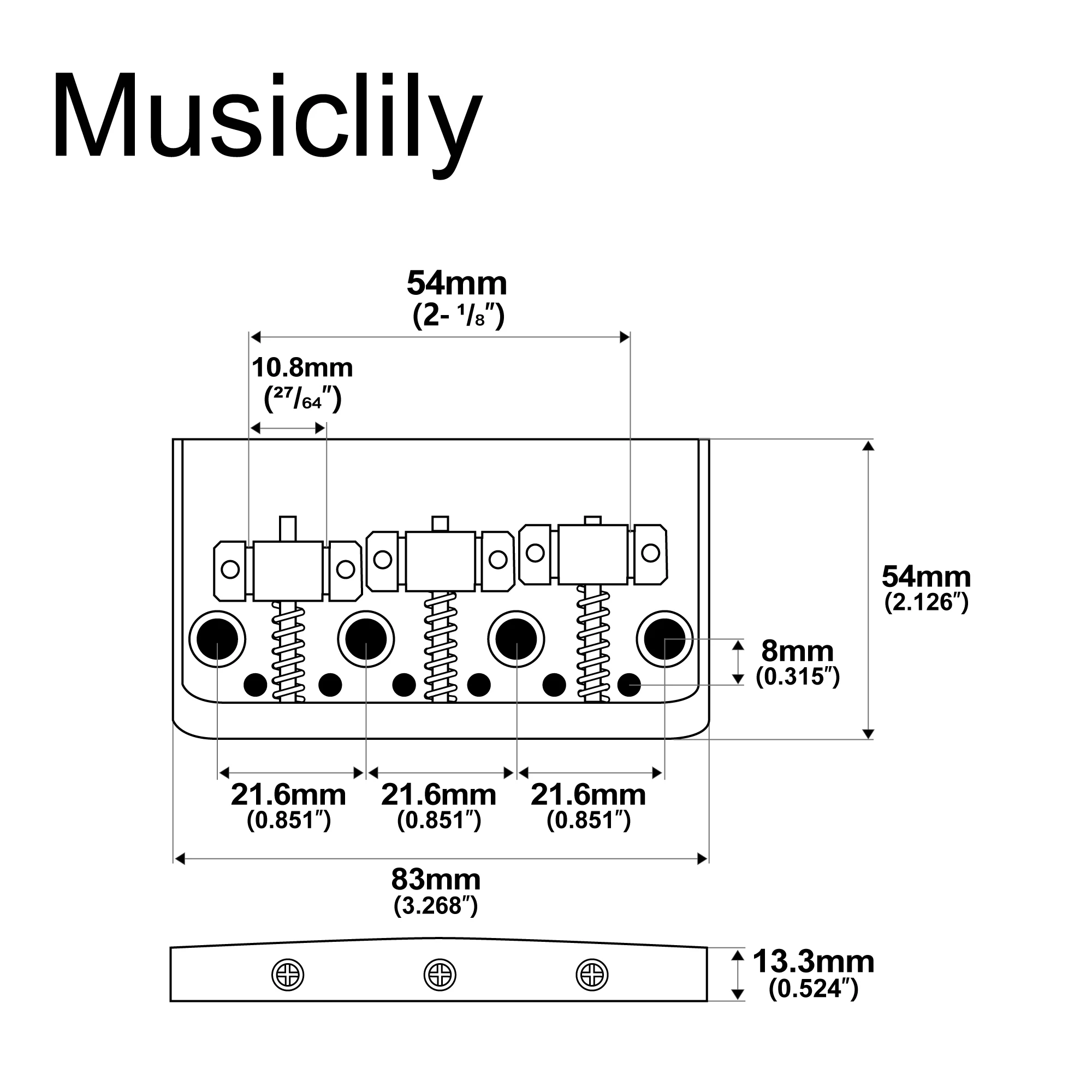 Musiclily Ultra Half Size String-through-body Vintage Tele Guitar Bridge with Solid Aluminum Alloy Plate and Brass 3-Saddle