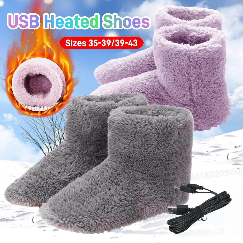 USB Heater Foot Shoes for Men Women Electric Heated Shoes Comfortable Plush Foot Warmer Shoes Heating Insoles Size 35-43