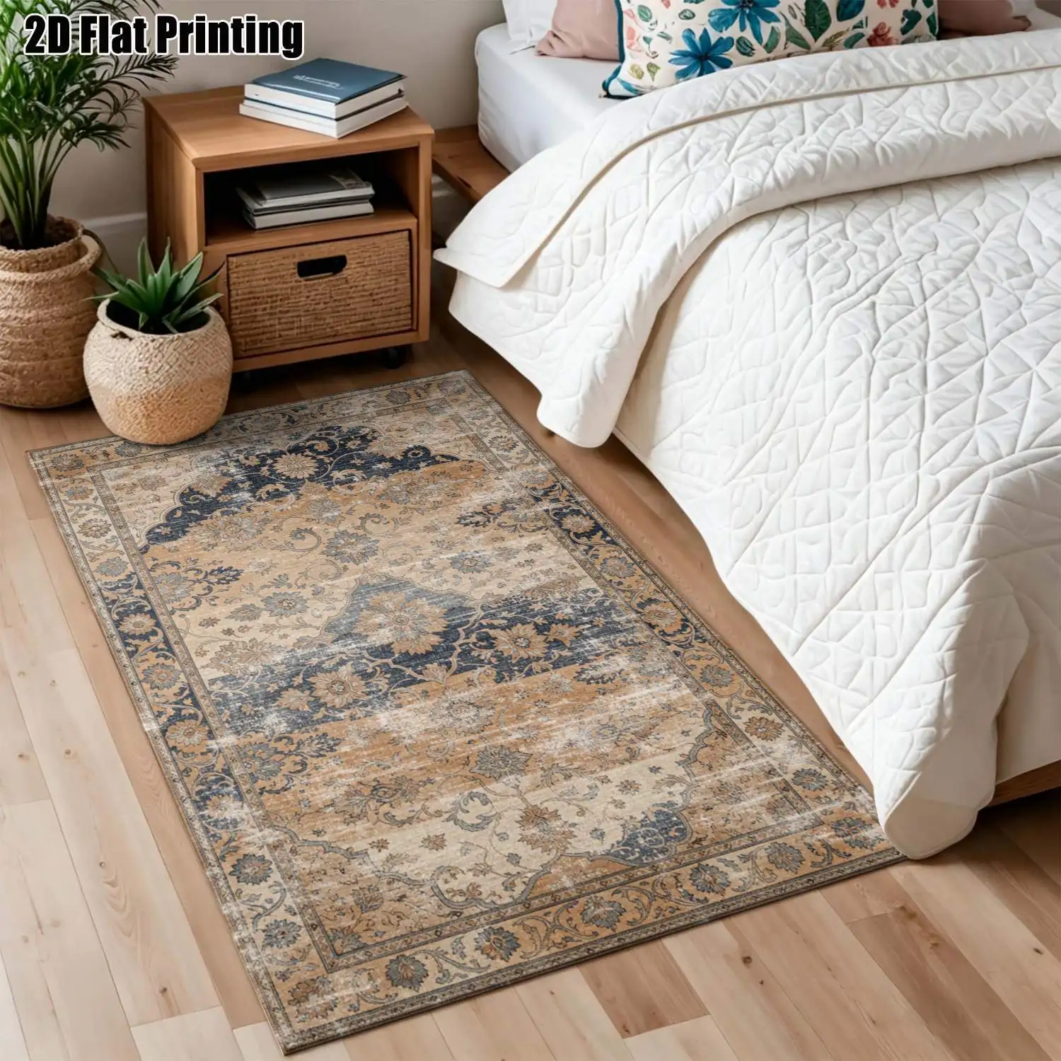1Pc 2D Printed Retro Blue Brown Floral Carpet European/Bohemian/Geometric Style, Home Decor, Multi-Size, Machine Washable. Perfect for Entryways, Dining Rooms, Foyers, Bedrooms, and Living Rooms.