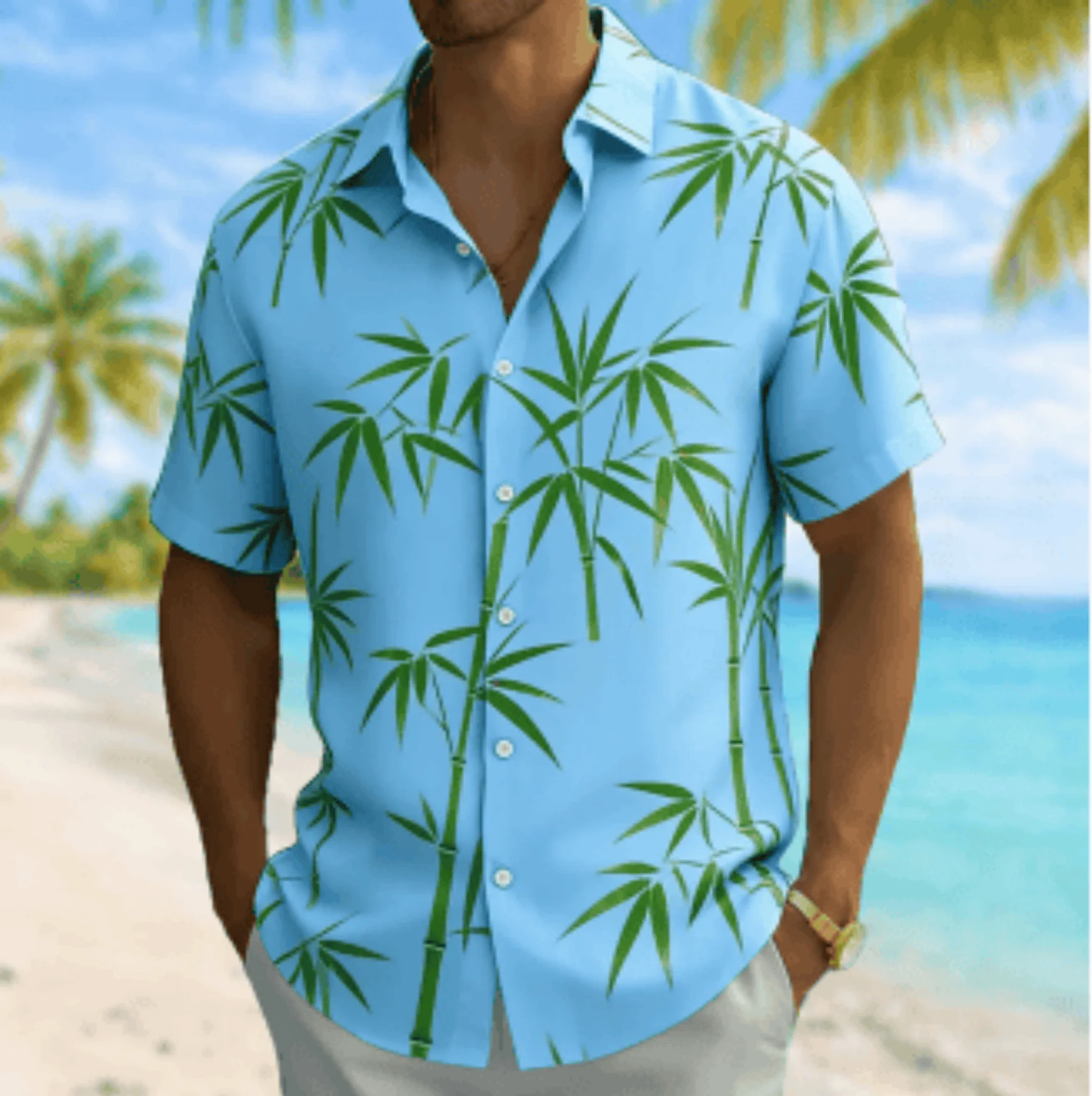 

Men's Bamboo Leaf Print Short Sleeve Shirt, Spring Summer Fresh Vacation Blouse, Turn-Down Collar Loose Top