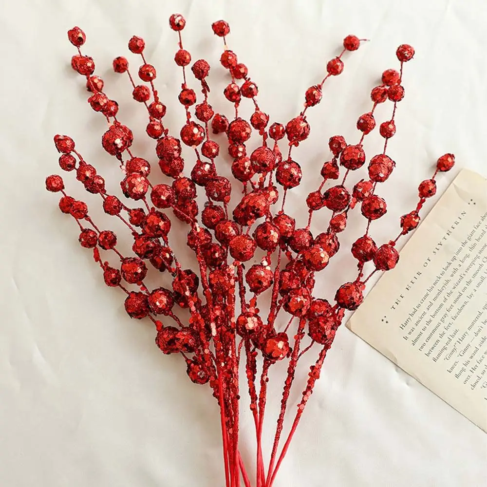 10PCS Sequins Artificial Christmas Glitter Branches Plastic DIY Simulated Christmas Berry Stem Handmade Realistic