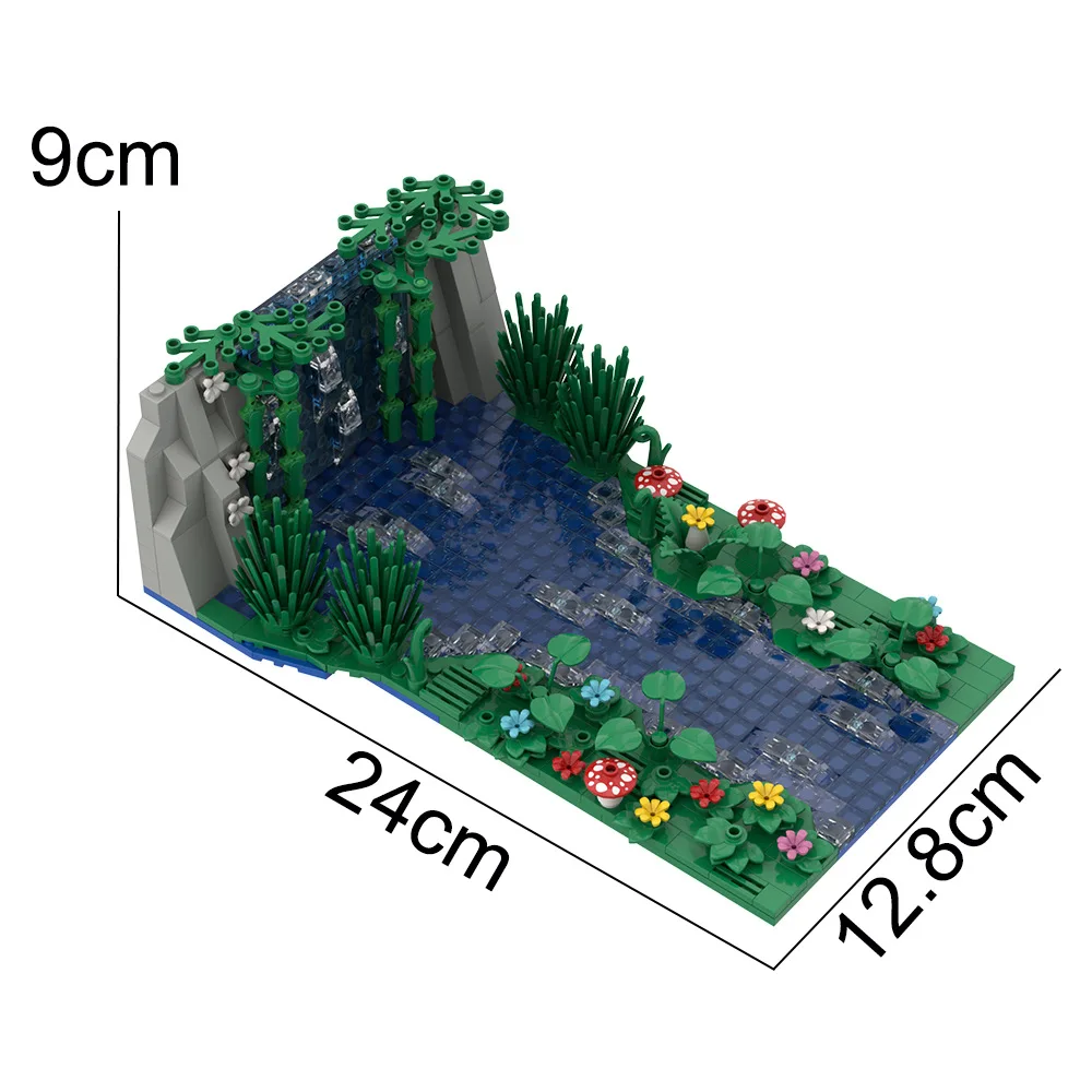 MOC Waterfall Scene Small Particle 647pcs Building Blocks Set Creative Pond Flower Mushroom Assembled Model Bricks Kids Toy Gift