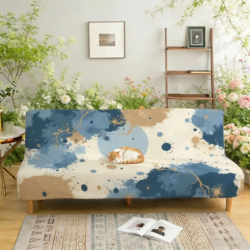 

Чехол для дивана-кровати без подлокотников с принтом, абстрактным узором, разноцветными точками и линиями.