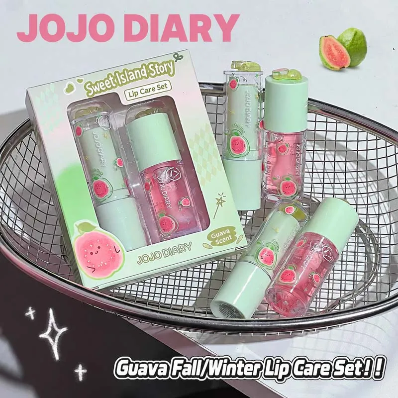JOJO DIARY Guava Lip Balm Lip Oil Set Hydrating Moisturizing Glossy Lip Care Non-Sticky Plumping Day Night Lip Treatment
