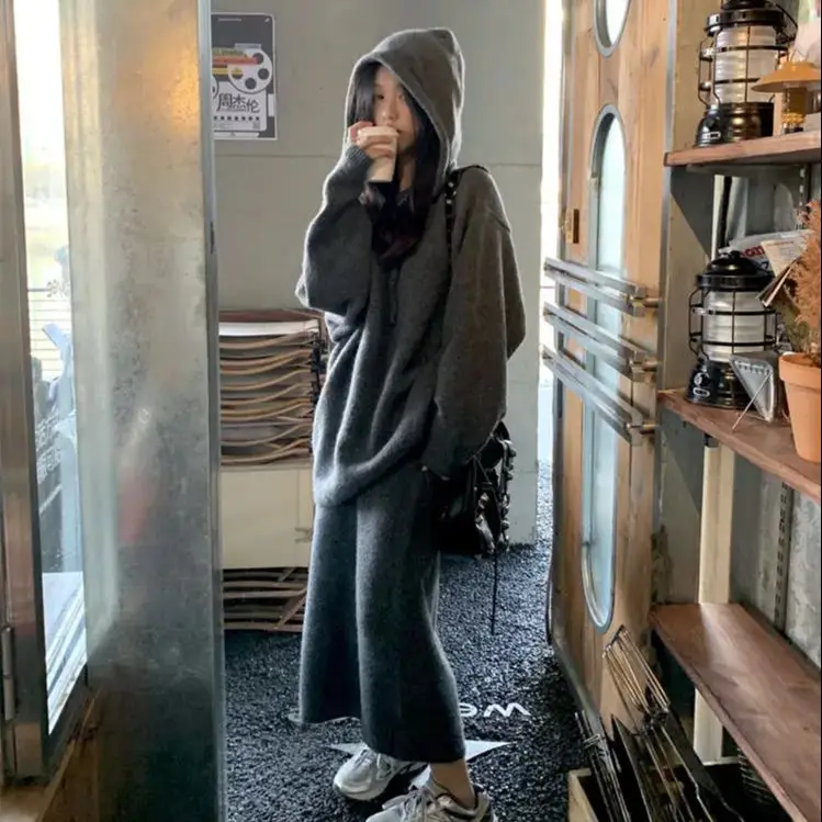 Korean V-Neck Two Piece Set Skirt Sweater Casual Women Knitted Pullover Sweater High Waist Skirt Fashion Winter New Clothing