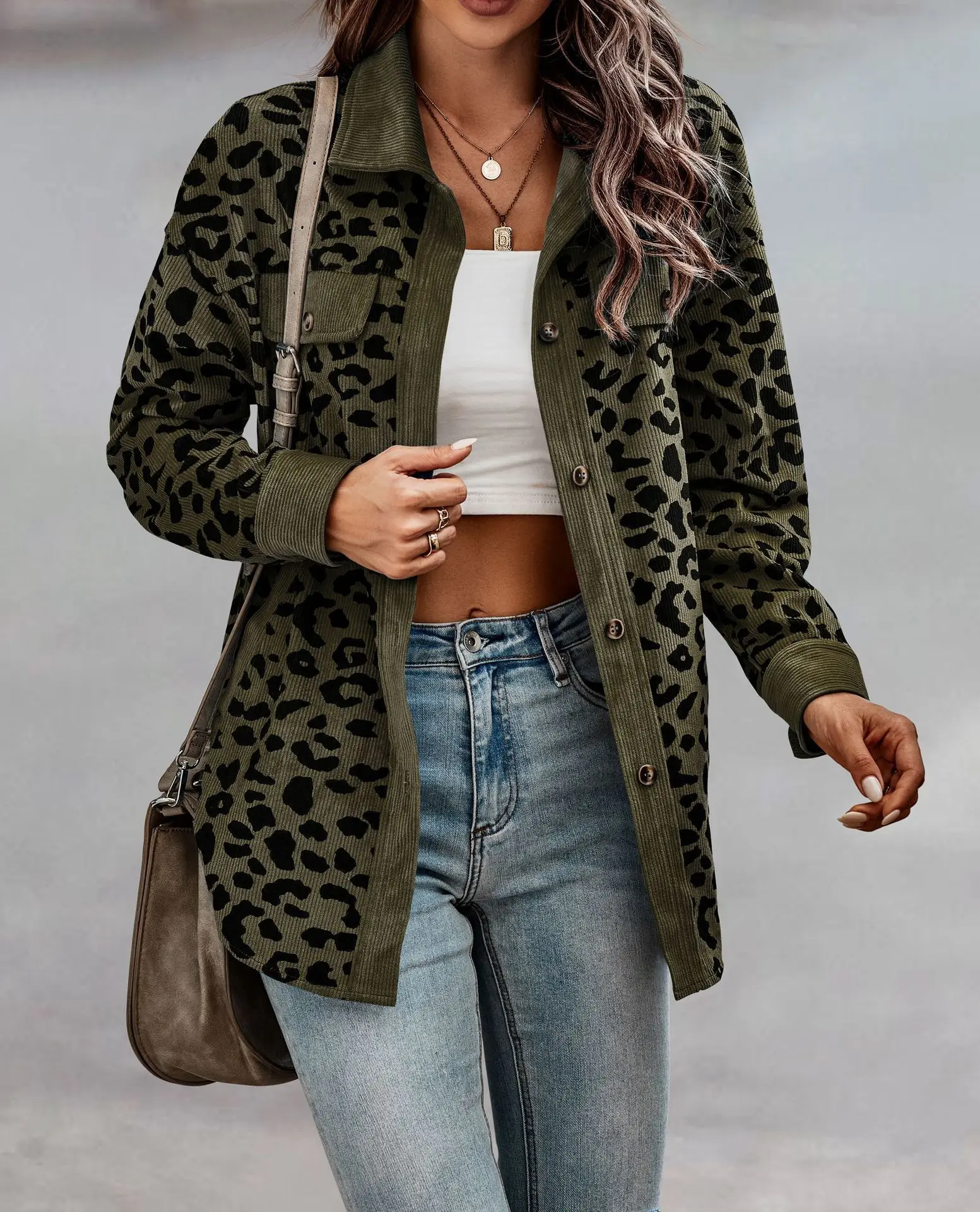 Women Corduroy Spliced Leopard Print Shacket Lapel Long Sleeve Button Down Pocket Oversized Casual Jacket Shirt