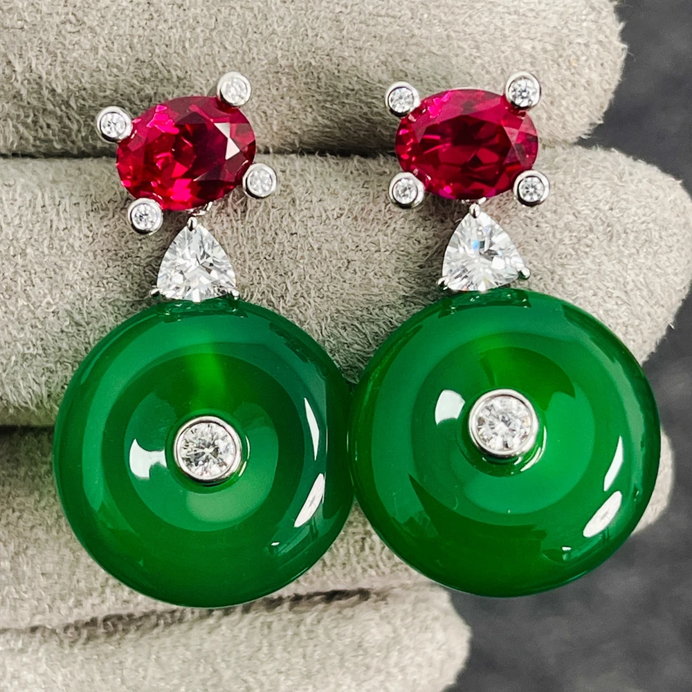 

KQDANCE High Quality Luxury 925 Sterling Silver Ruby Red Round Chalcedony Green Gemstone Earrings Fine Jewelry For Women