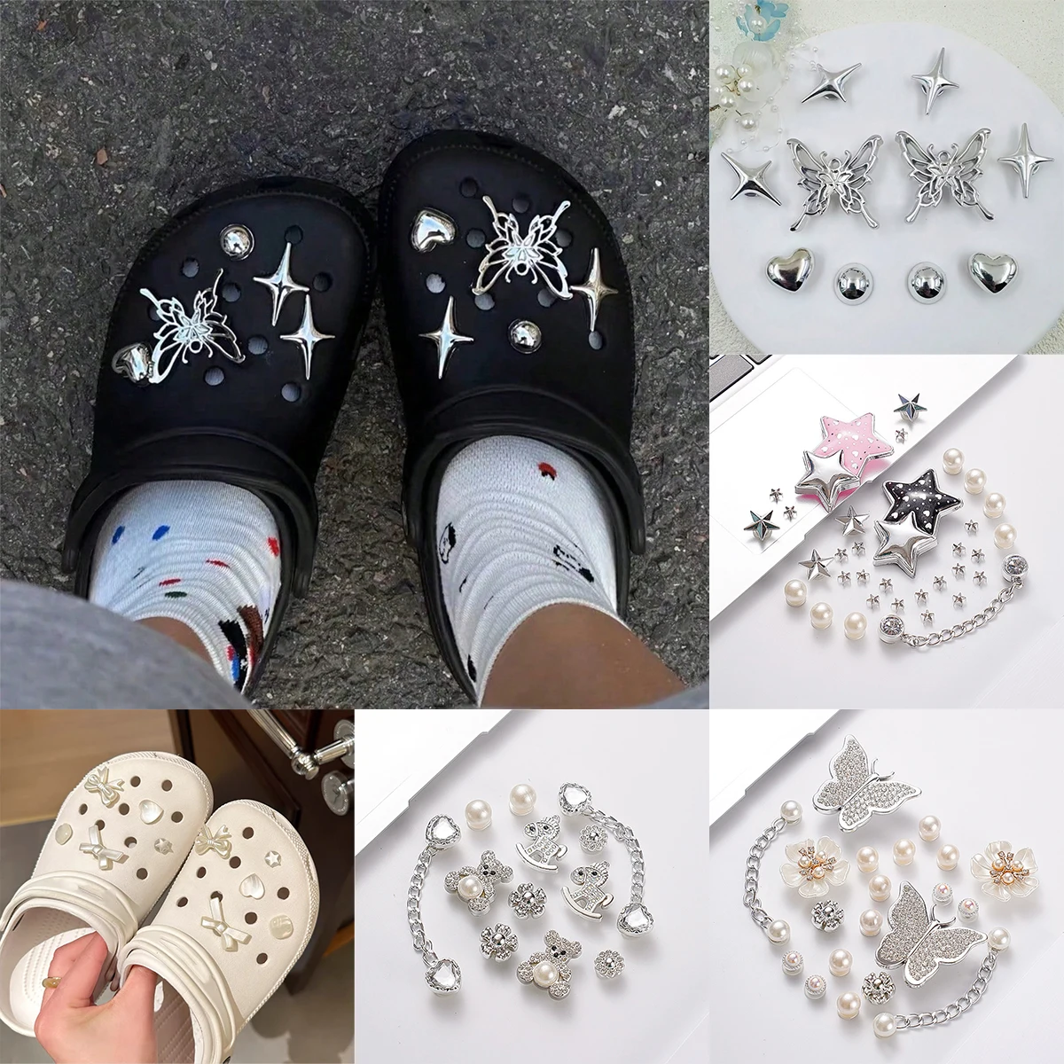 Shoe Charms for Clogs Silver Color DIY Accessories Cute & Edgy Butterfly Pearl Chains Flower Animals Decor Fashion For Sandals