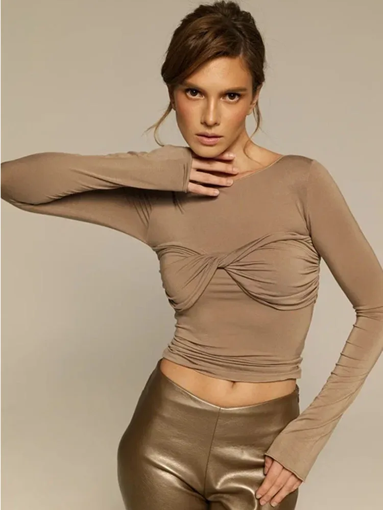 Apprabant Solid Casual Fashion T-shirt Round Neck Long Sleeved Winter Twisted Pleated Slim Fiting Open Navel Pullover Top