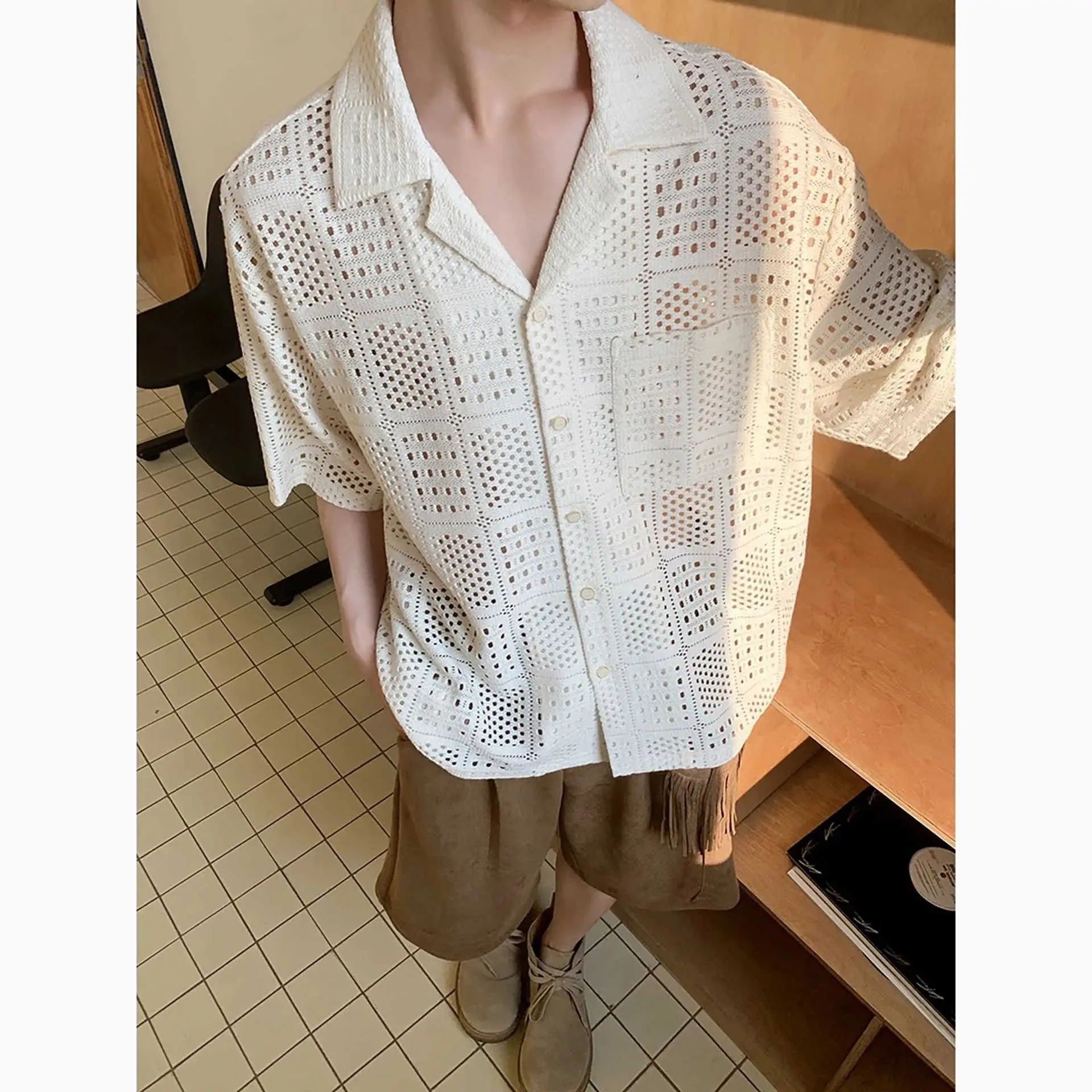 2026 Men's Summer Casual Versatile Hollow Loose Solid Color Short Sleeve Shirt Seaside Shirt Jacket