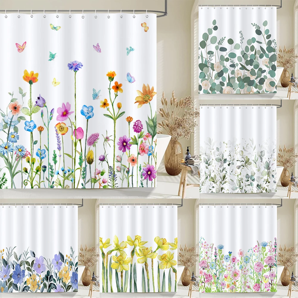 

Colorful Flowers Plant leaves Shower Curtain Bathroom Curtains yellow Flower Waterproof Polyeste Fabric Bathtub Decor