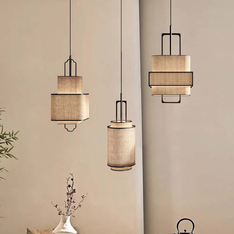 

New Chinese Zen Style Creative Chandelier Set Fabric Lamps for Tea Room B&B Bedroom Restaurant Bar Reception E27 Pendant Lights
