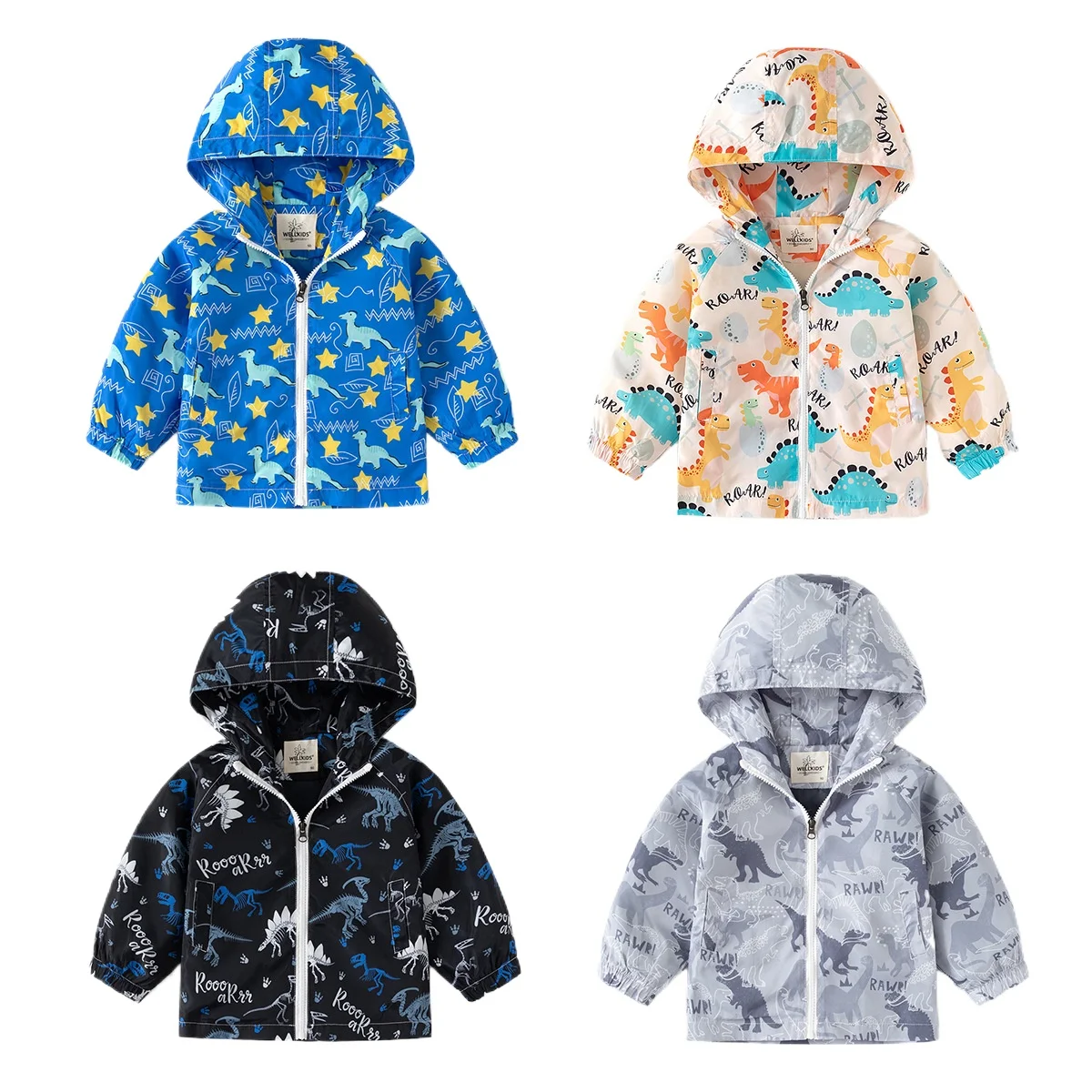 Boys' Casual Contrast Color Cartoon Print Zip-Up Jacket Spring/Autumn New Long-Sleeve Hooded Windbreaker for Kids 2-7 Years Old