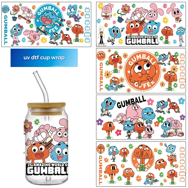 Cartoon UV DTF Cup Wrap cute gum Transfer Stickers For 16oz libbey Glass Can Tumbler Selfadhesive Waterproof Decals