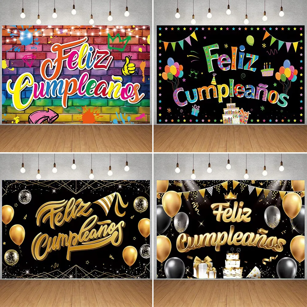 

Feliz cumpleaños Spanish Birthday Background Black Gold Balloons Birthday Party Scene Decoration Banner Adult Photo Backdrops