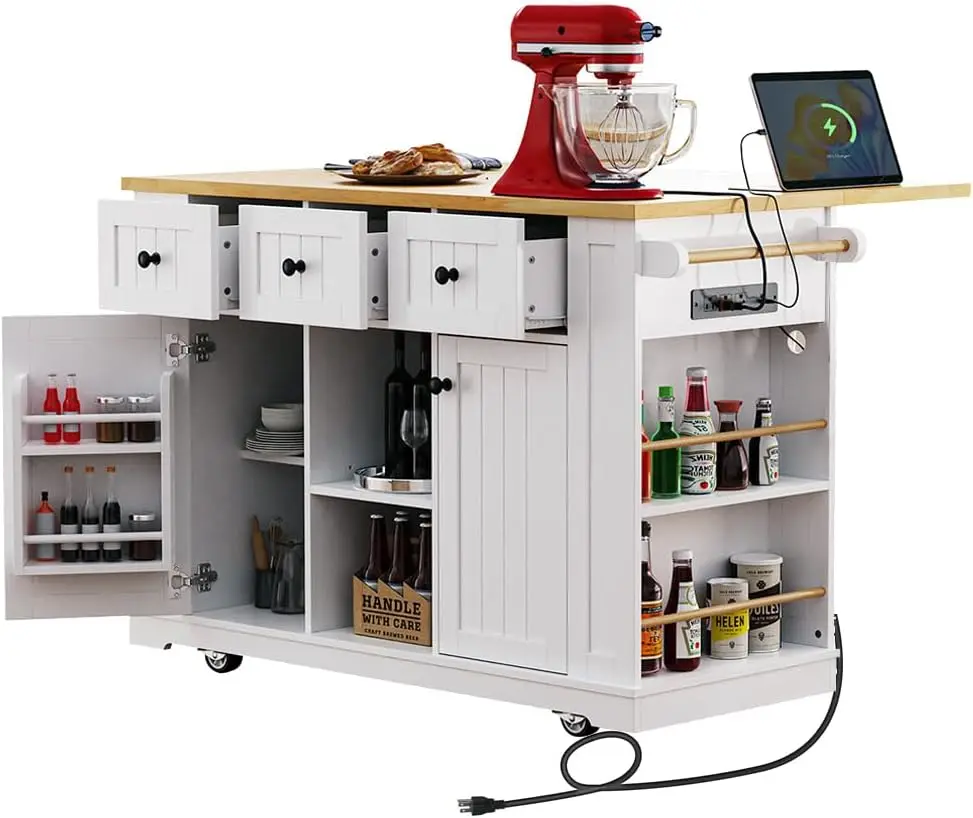 Rolling Kitchen Island with Storage, Kitchen Cart on Wheels with Drop Leaf, Mobile Kitchen Storage Cart with Power Outlet, Open