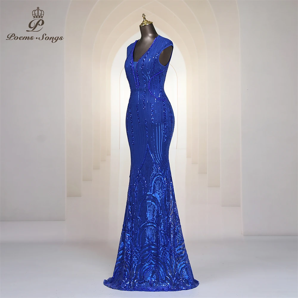 Royal Blue Sequins Long Mermaid Evening Dress With Capped Sleeves Deep_V Neck Women Trumpet Prom Dresses Party Formal Gown