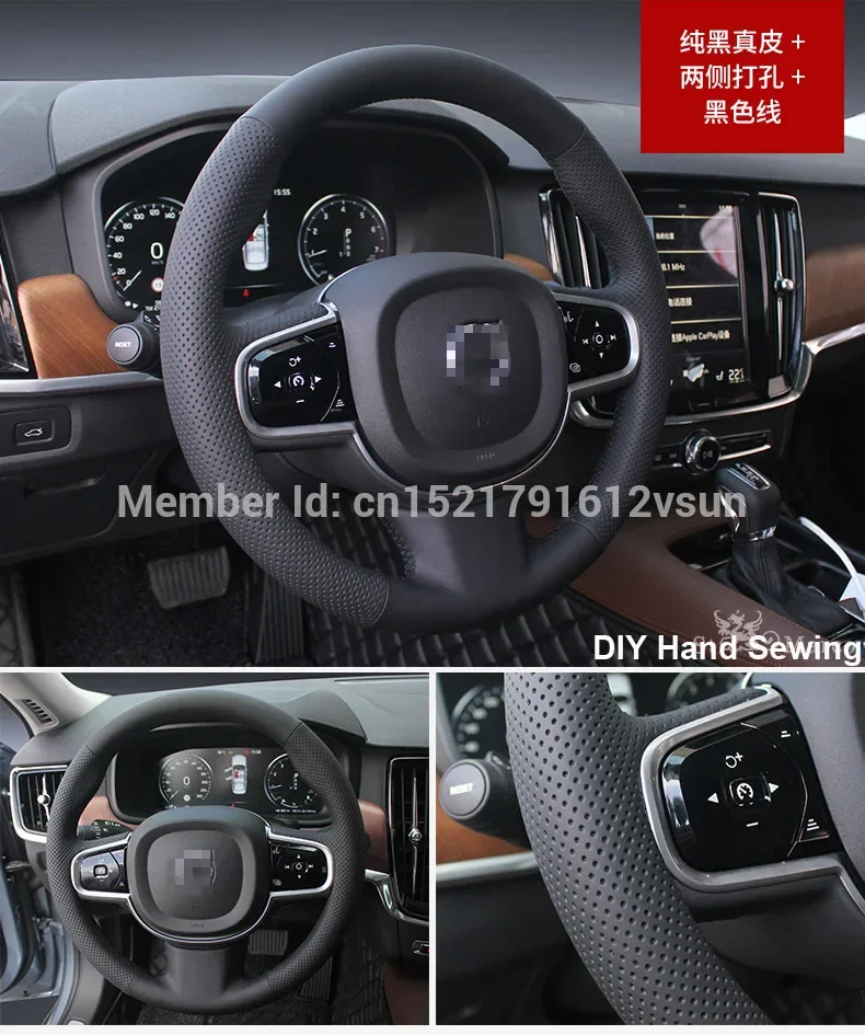 For Volvo S90 High Quality Hand-stitched Anti-Slip Black Leather Black Thread DIY Steering Wheel Cover