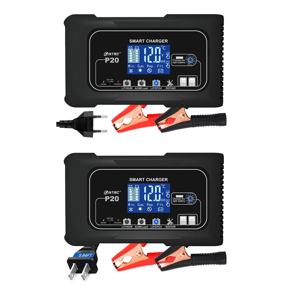 Chargeur automatique de batterie de moto, écran LCD, AGM GEL, plomb-acide, voiture, 12V, 20A, 24V, 10A, 7 étapes